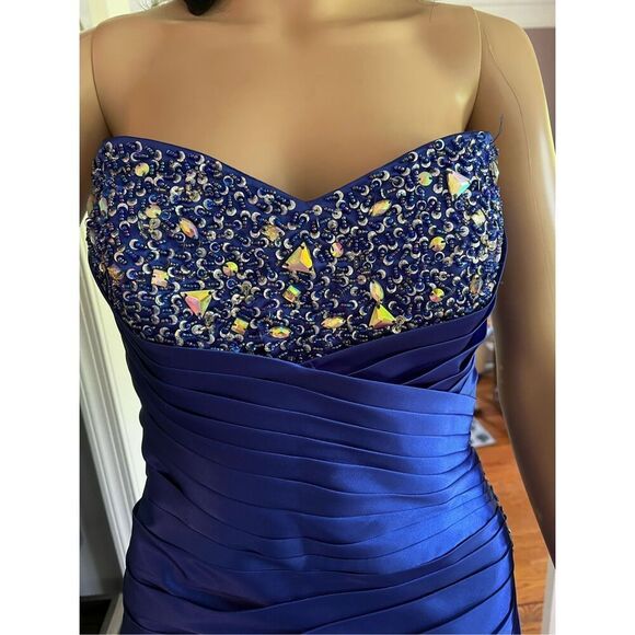 Masquerade Royal Blue Side Cut Out Strapless Crystal Embellished Satin apron Dre - Picture 3 of 8